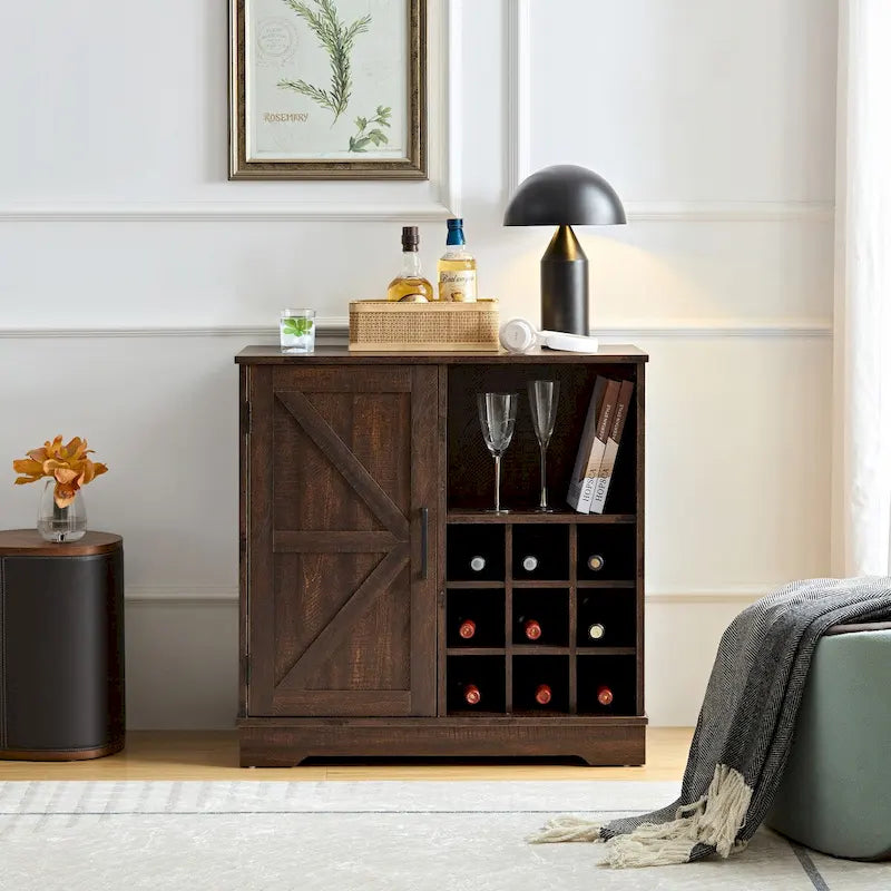 Coffee Bar Cabinet with Wine Rack Barn Door Buffet Sideboard with Drawer, Adjustable Storage Shelves, Living Room, Dining Room