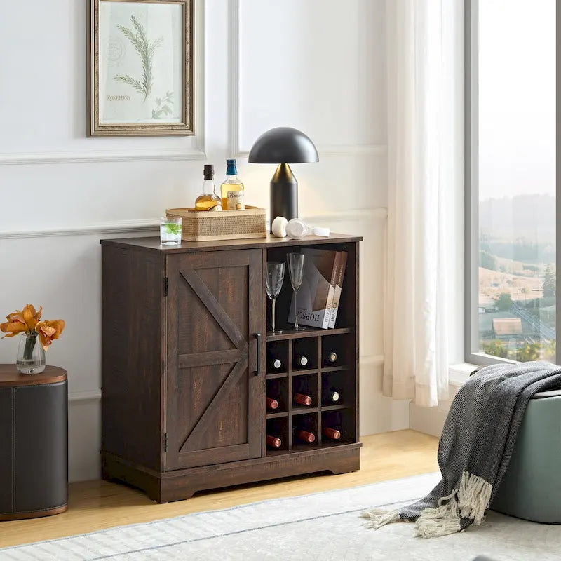 Coffee Bar Cabinet with Wine Rack Barn Door Buffet Sideboard with Drawer, Adjustable Storage Shelves, Living Room, Dining Room