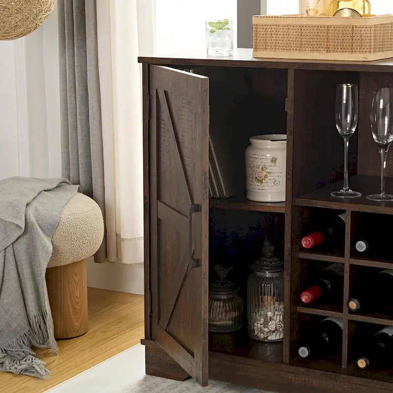 Coffee Bar Cabinet with Wine Rack Barn Door Buffet Sideboard with Drawer, Adjustable Storage Shelves, Living Room, Dining Room