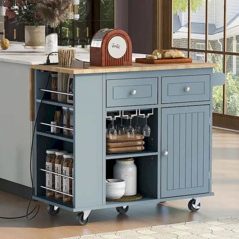 Kitchen Island Cart with Wheels ,Power Outlet, Drop Leaf, Wine Rack