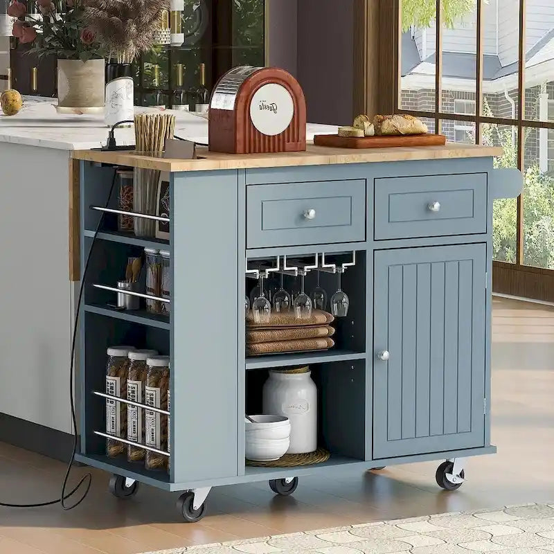 Kitchen Island Cart with Wheels ,Power Outlet, Drop Leaf, Wine Rack