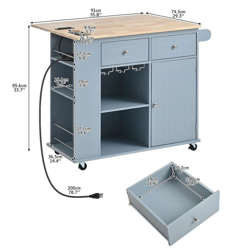 Kitchen Island Cart with Wheels ,Power Outlet, Drop Leaf, Wine Rack