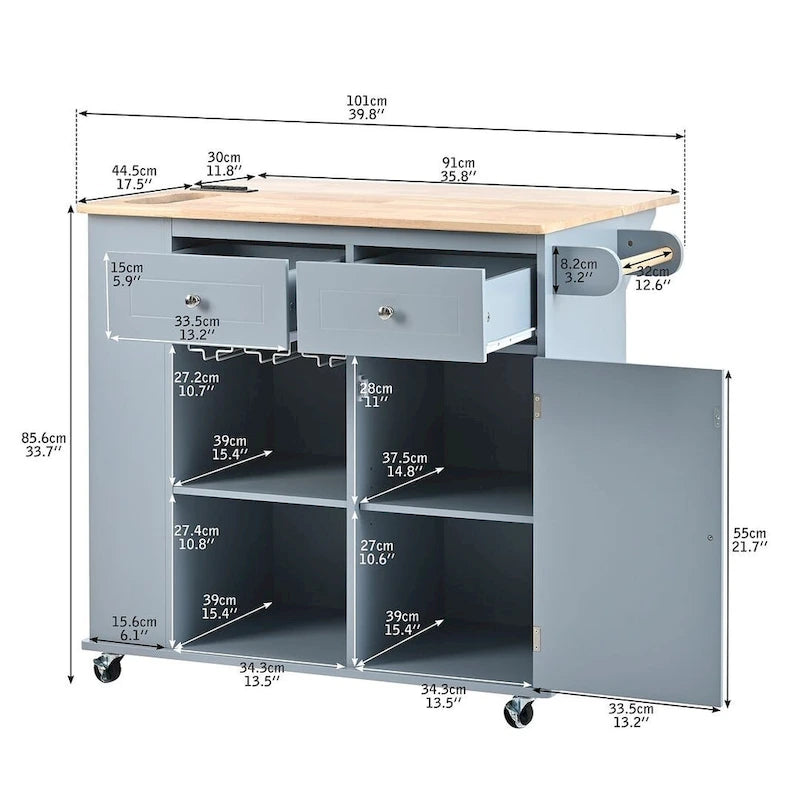 Kitchen Island Cart with Wheels ,Power Outlet, Drop Leaf, Wine Rack