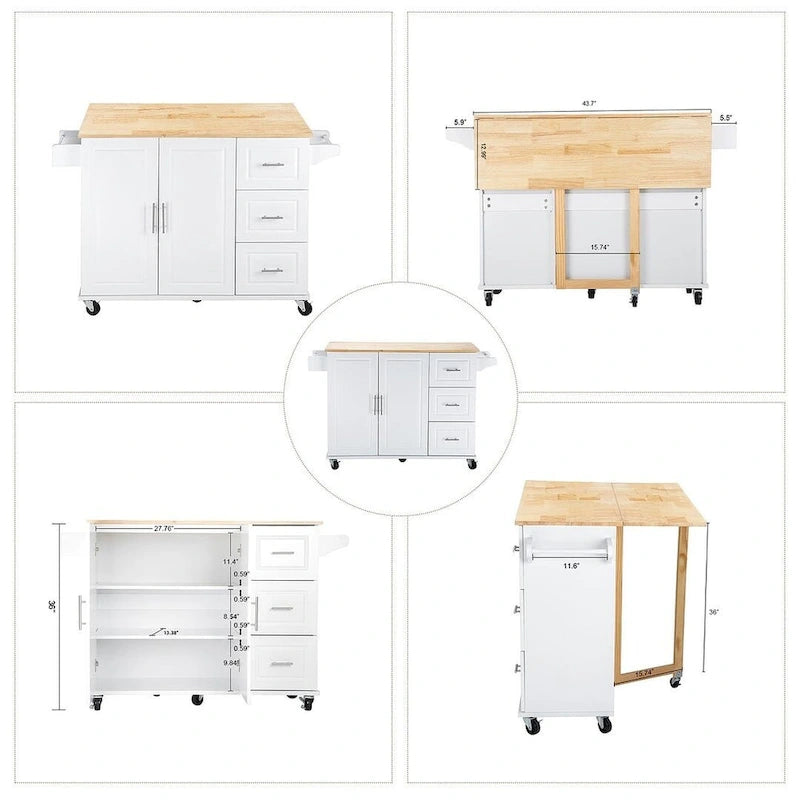 Kitchen Island Cart with Extensible Rubber Wood Top and Locking Wheels