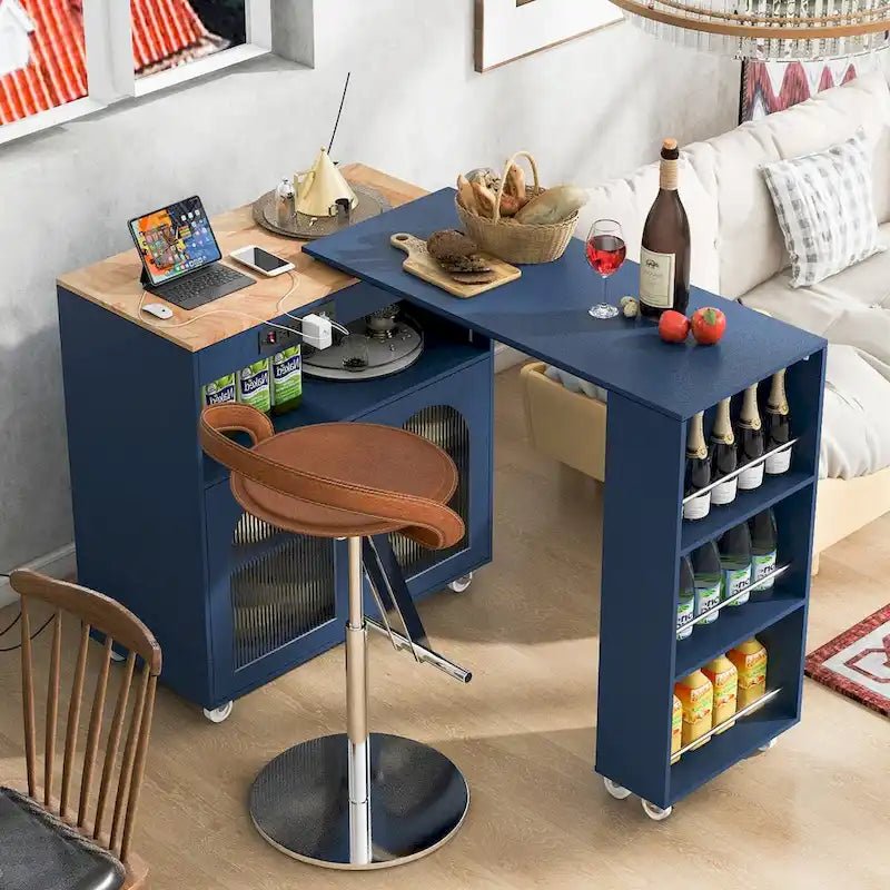 33 in. W Kitchen Island Rubberwood Top on 8 Wheels With Extended Table, LED Lights, Power Outlets