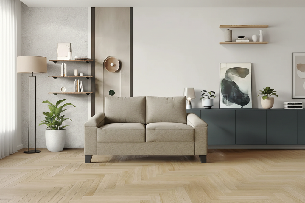 Linen Upholstered Loveseat with Black Legs