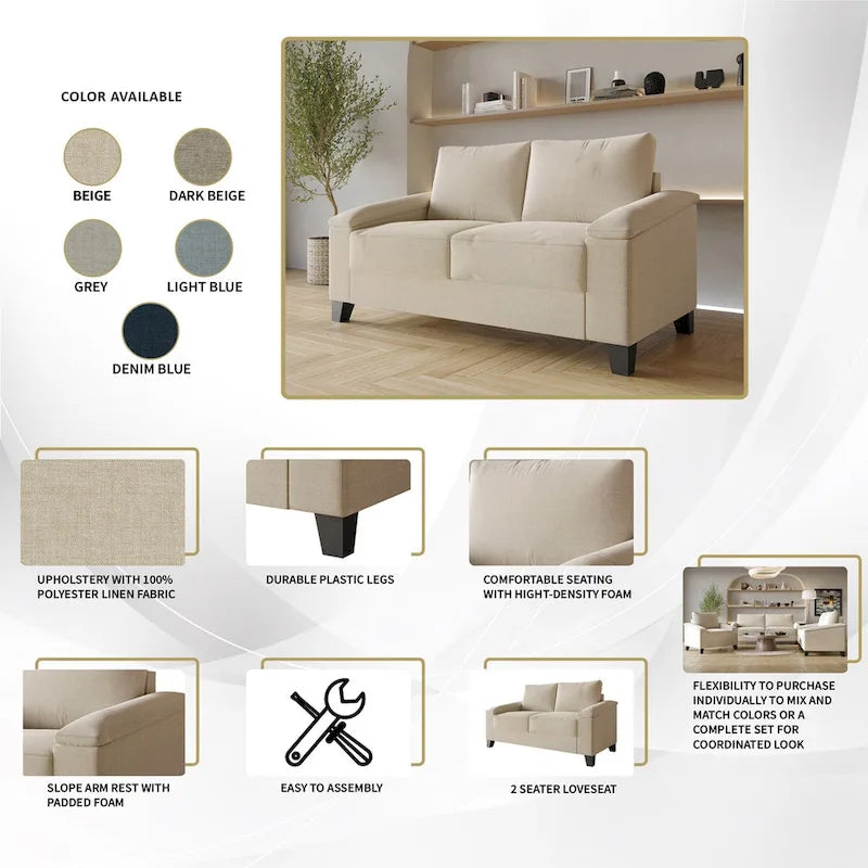 Linen Upholstered Loveseat with Black Legs