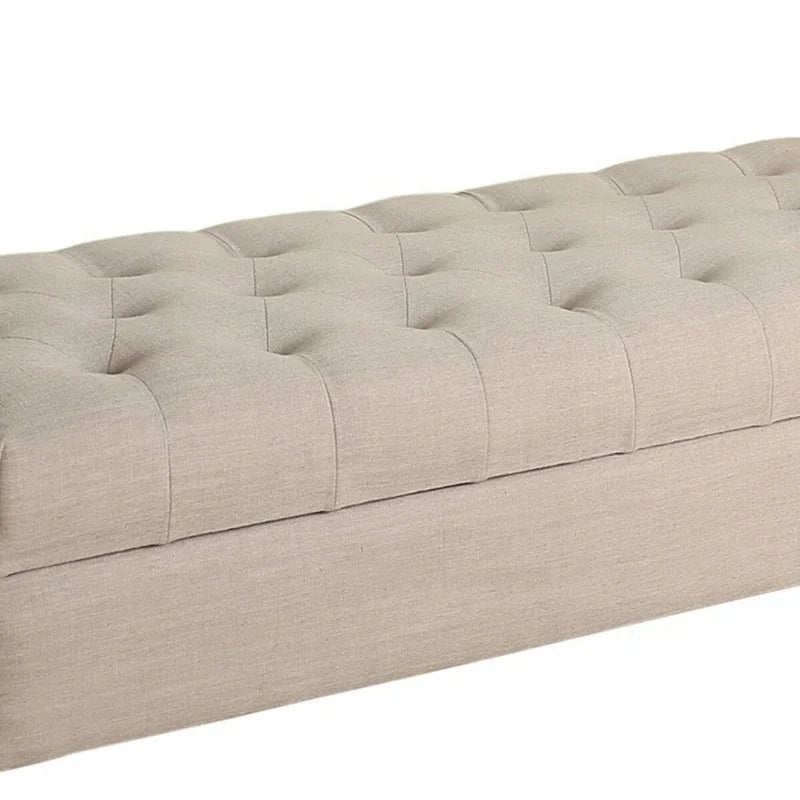 Fabric Upholstered Wooden Bench with Button Tufted Lift Top Storage, Beige