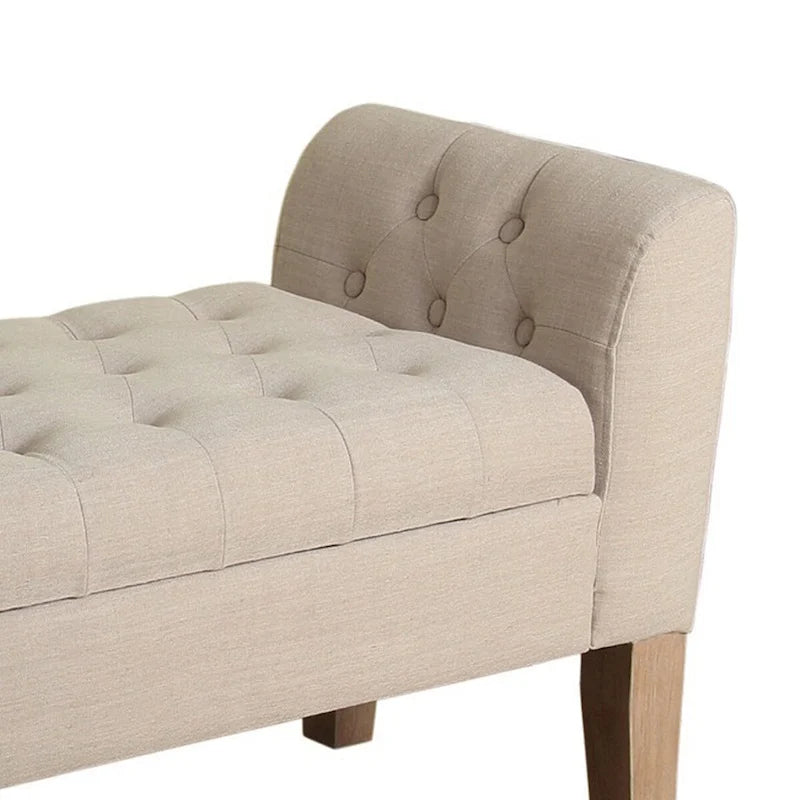 Fabric Upholstered Wooden Bench with Button Tufted Lift Top Storage, Beige