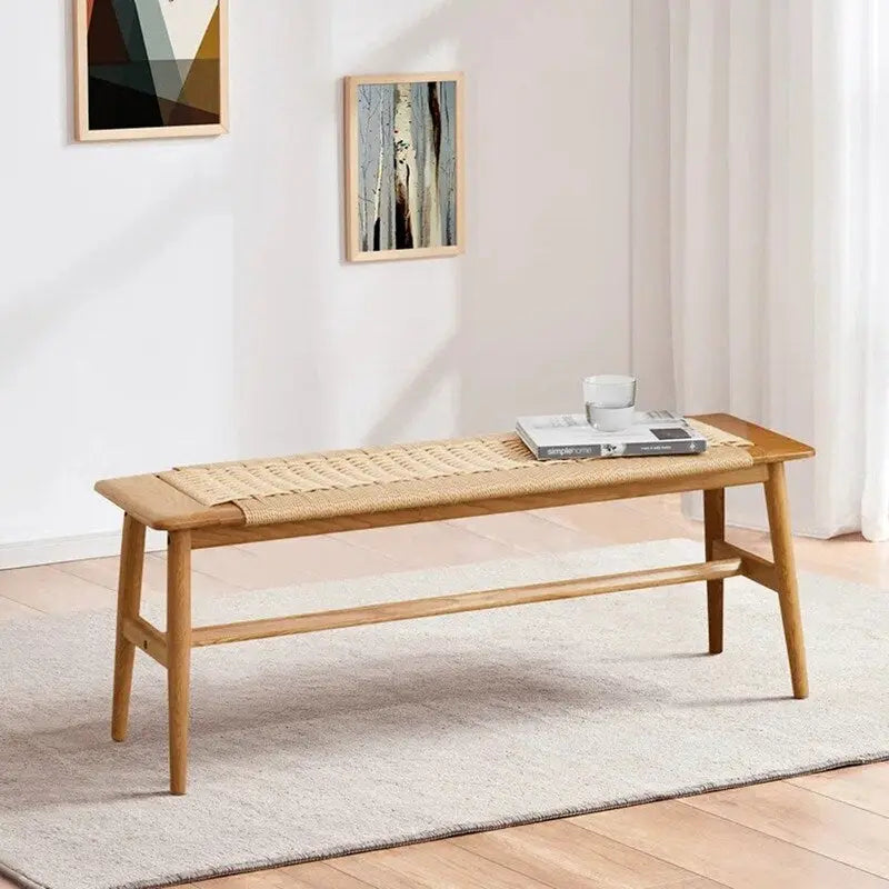 Solid Oak Wood Bench with Woven Rope Seat