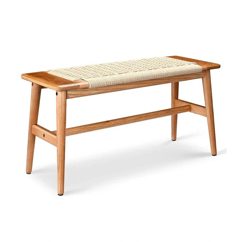 Solid Oak Wood Bench with Woven Rope Seat