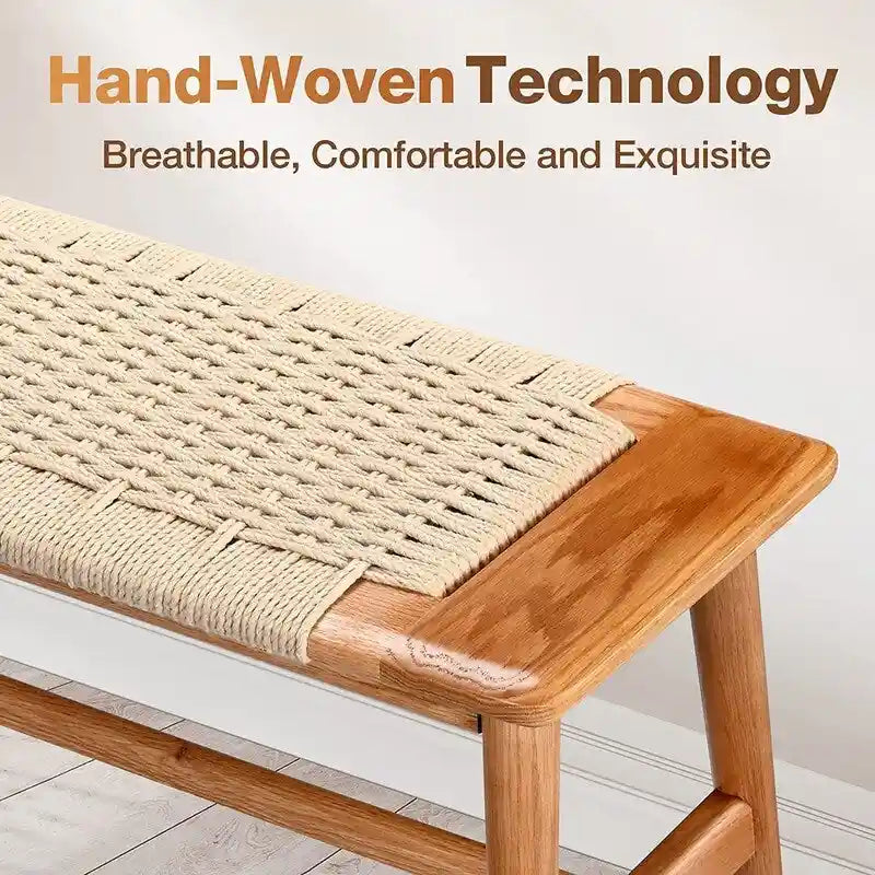 Solid Oak Wood Bench with Woven Rope Seat