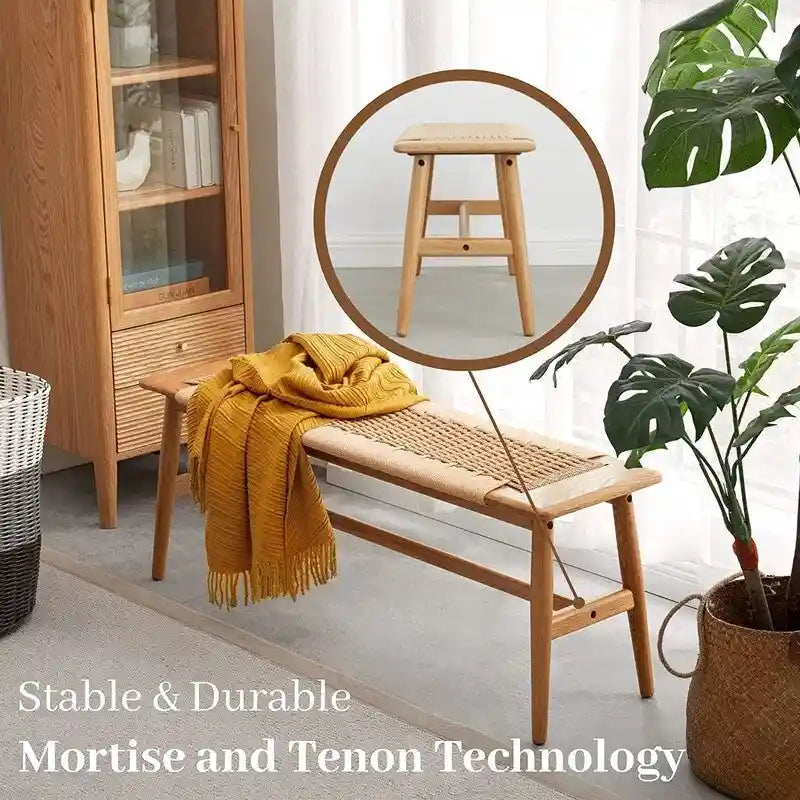 Solid Oak Wood Bench with Woven Rope Seat