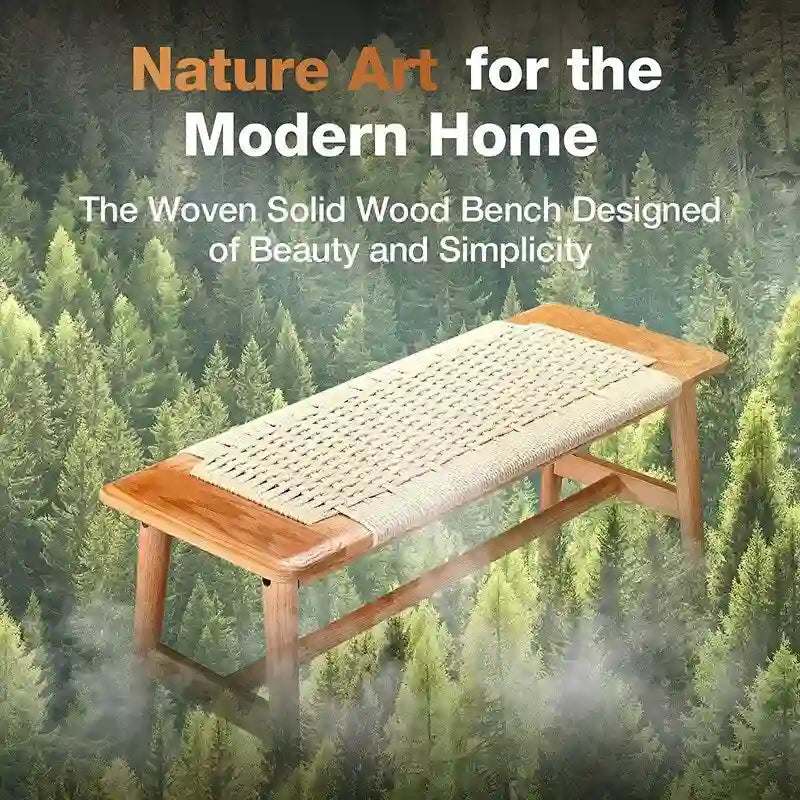 Solid Oak Wood Bench with Woven Rope Seat