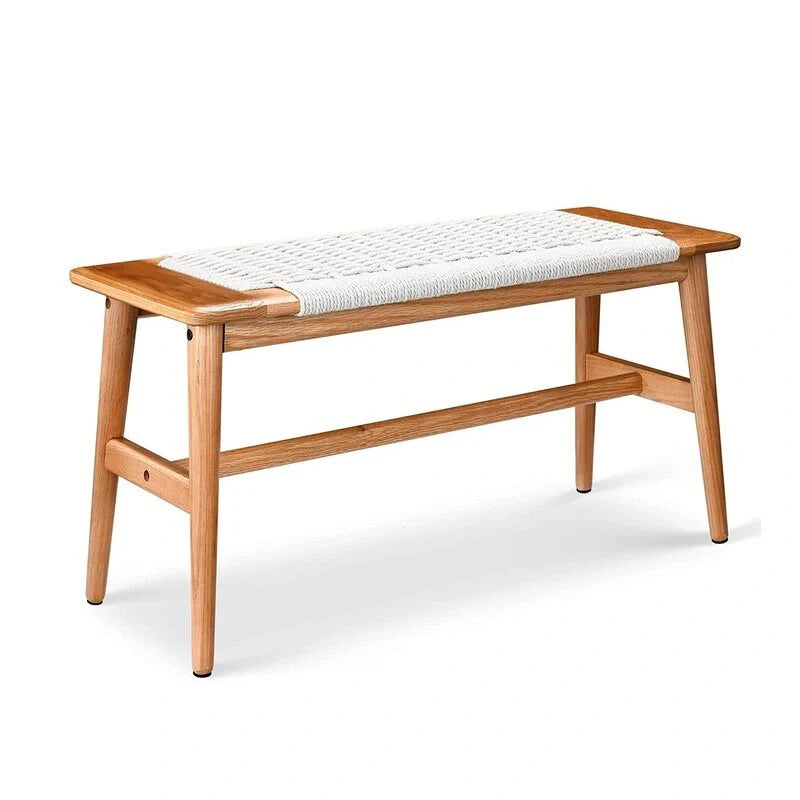 Solid Oak Wood Bench with Woven Rope Seat