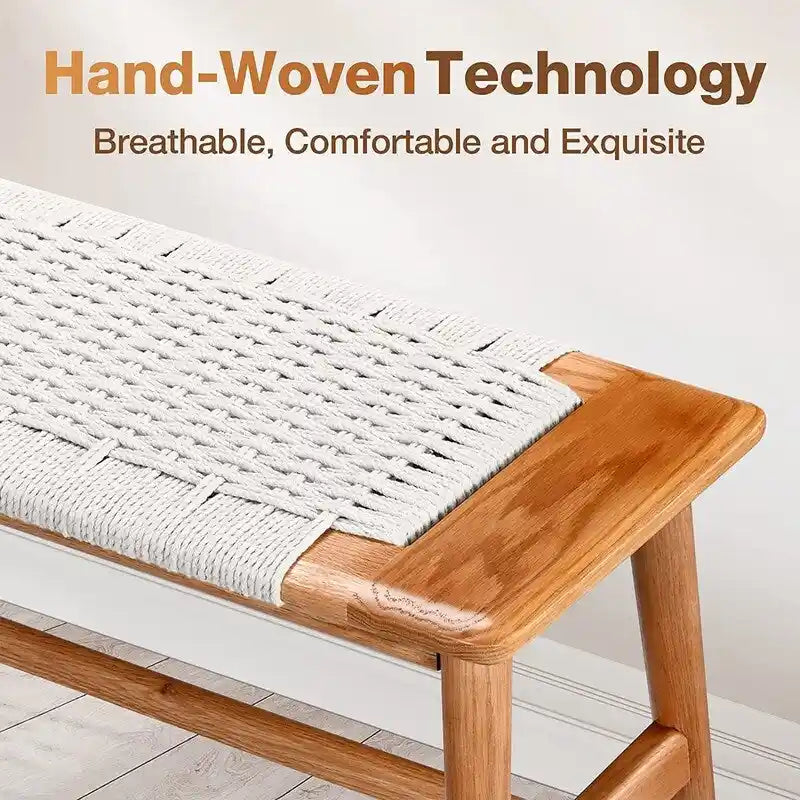 Solid Oak Wood Bench with Woven Rope Seat