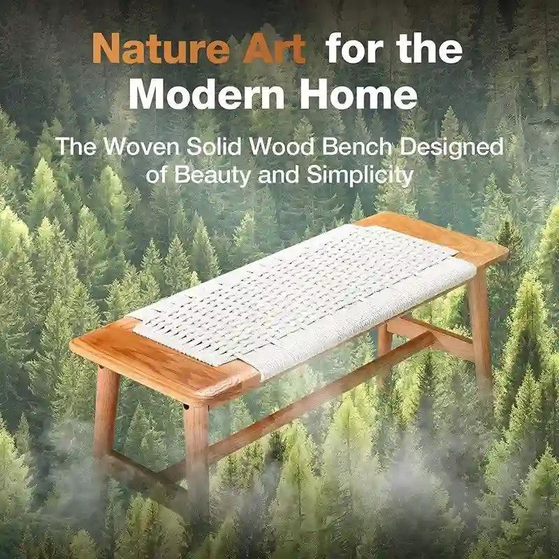 Solid Oak Wood Bench with Woven Rope Seat