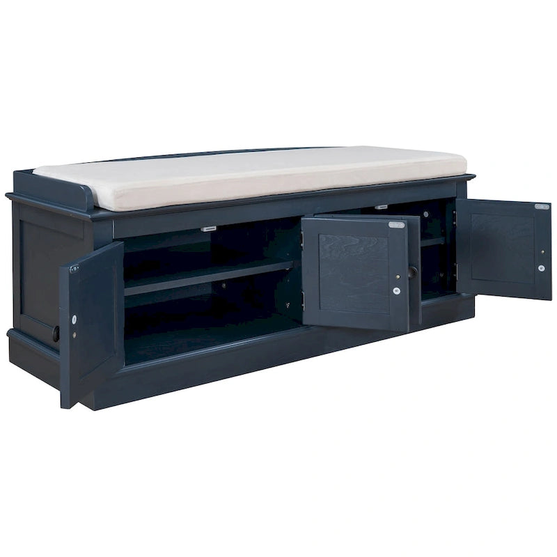 Storage Bench with 4 Doors and Adjustable Shelves, Shoe Bench with Removable Cushion for Living Room, Entryway