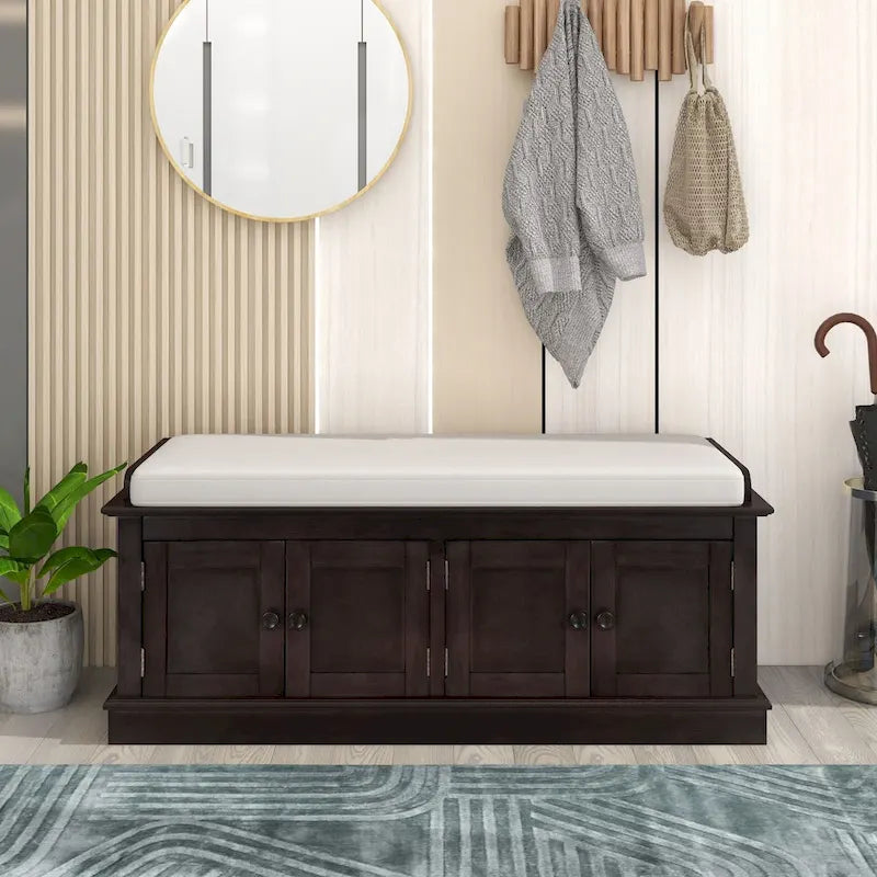 Storage Bench with 4 Doors and Adjustable Shelves, Shoe Bench with Removable Cushion for Living Room, Entryway