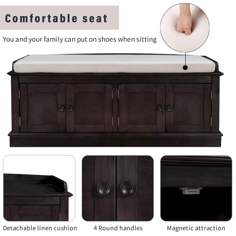 Storage Bench with 4 Doors and Adjustable Shelves, Shoe Bench with Removable Cushion for Living Room, Entryway
