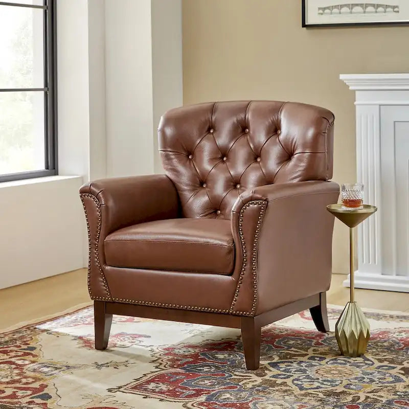 Genuine Leather Tufted Wingback Accent Chair with Nailhead Trim