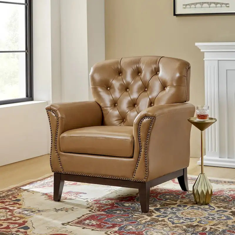 Genuine Leather Tufted Wingback Accent Chair with Nailhead Trim