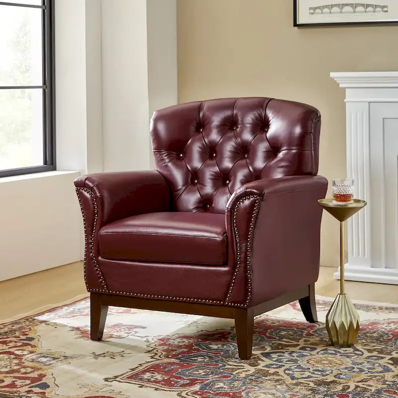 Genuine Leather Tufted Wingback Accent Chair with Nailhead Trim