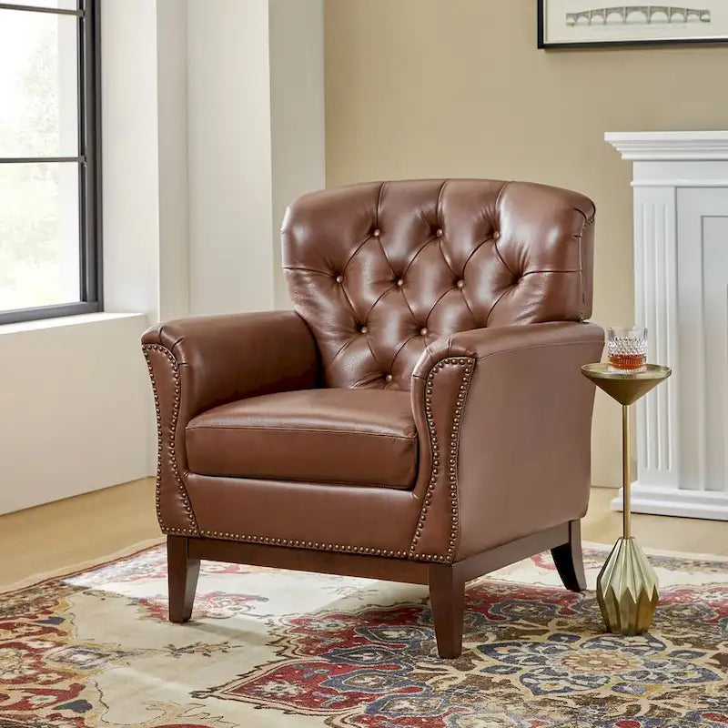 Genuine Leather Tufted Wingback Accent Chair with Nailhead Trim