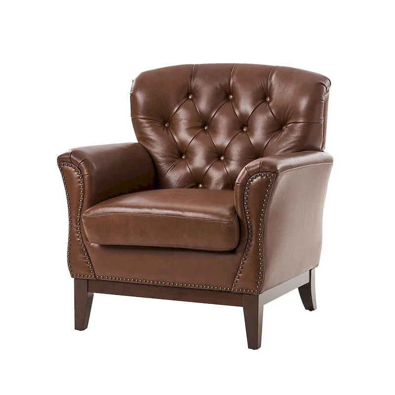 Genuine Leather Tufted Wingback Accent Chair with Nailhead Trim
