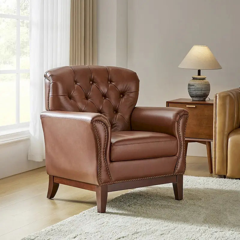 Genuine Leather Tufted Wingback Accent Chair with Nailhead Trim