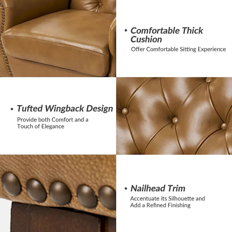 Genuine Leather Tufted Wingback Accent Chair with Nailhead Trim