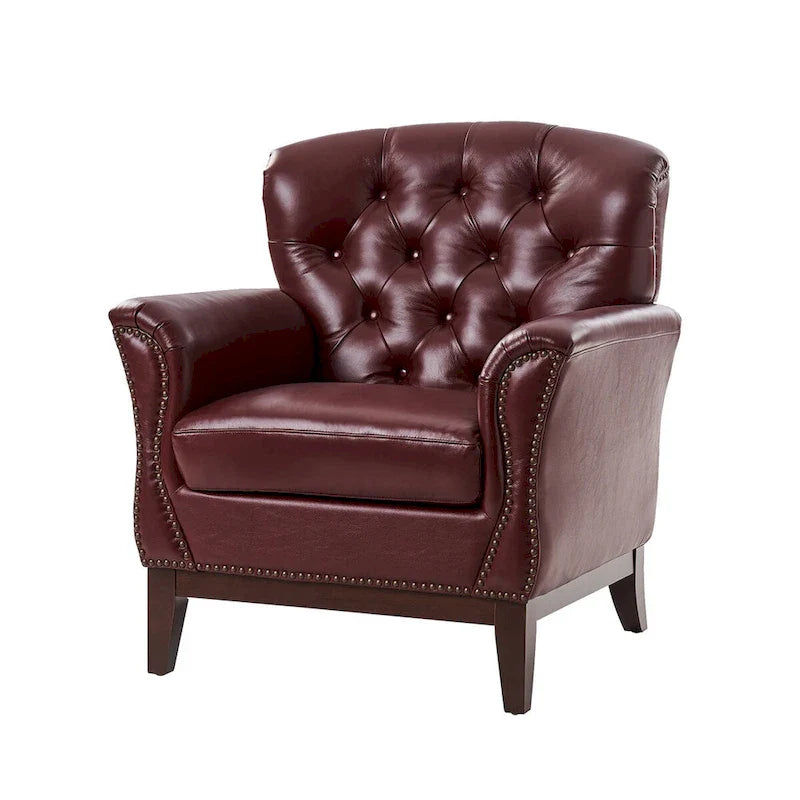 Genuine Leather Tufted Wingback Accent Chair with Nailhead Trim