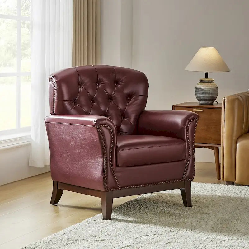Genuine Leather Tufted Wingback Accent Chair with Nailhead Trim