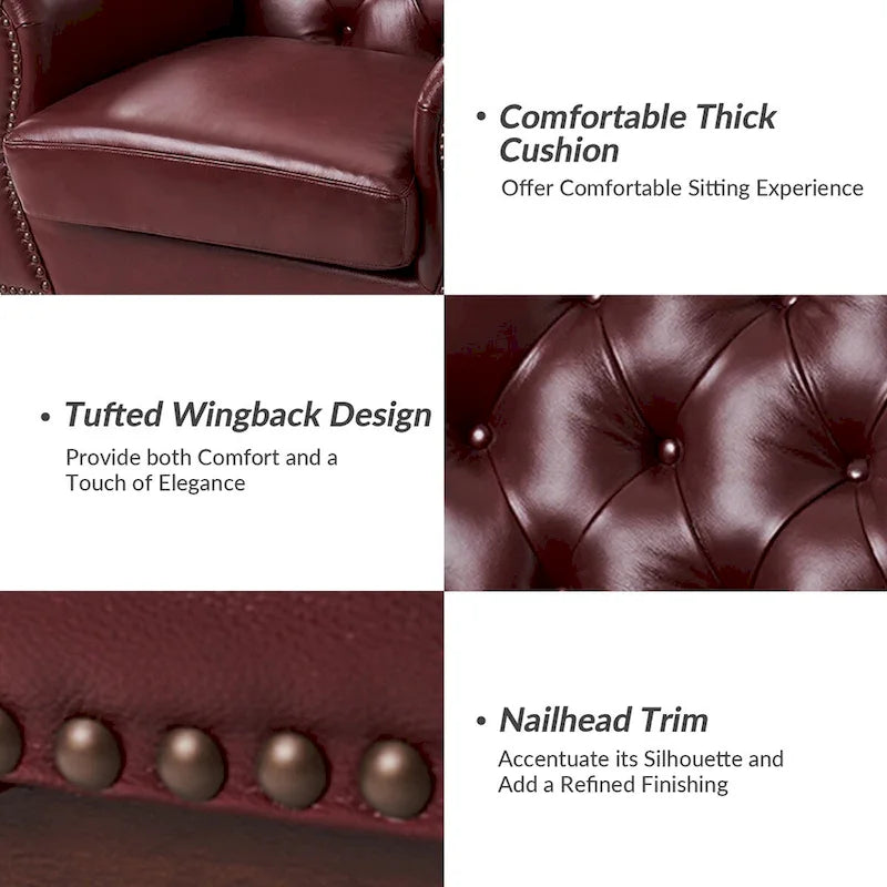 Genuine Leather Tufted Wingback Accent Chair with Nailhead Trim