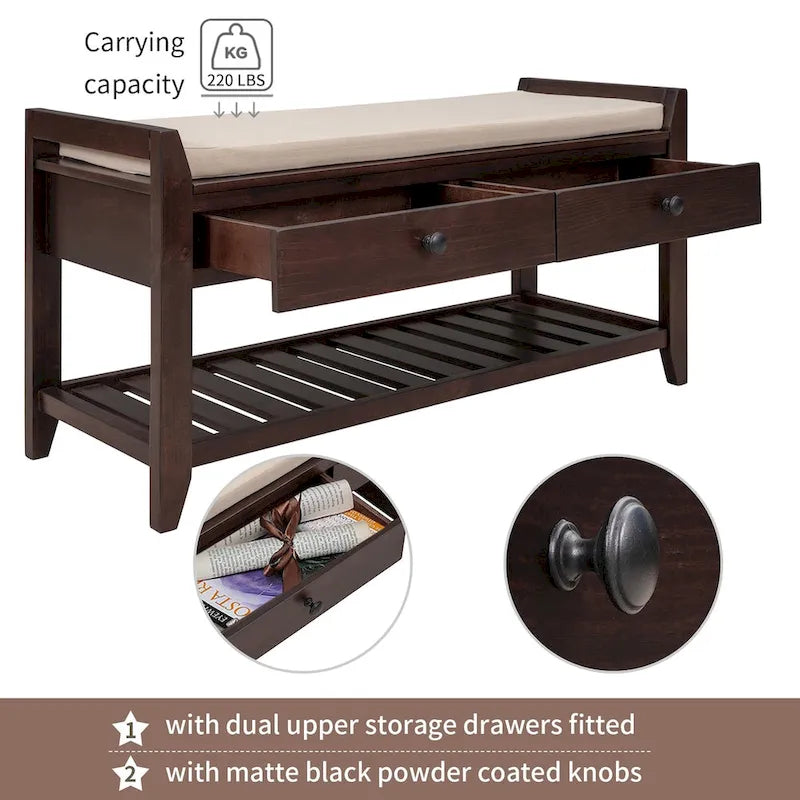 Shoe Rack with Cushioned Seat and Drawers, Multipurpose Entryway Storage Bench