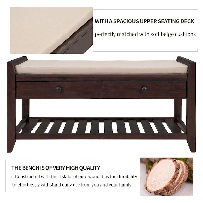 Shoe Rack with Cushioned Seat and Drawers, Multipurpose Entryway Storage Bench