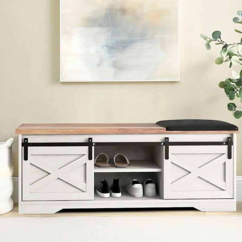 Vintage Farmhouse Style Wooden Storage Bench with Sliding Doors