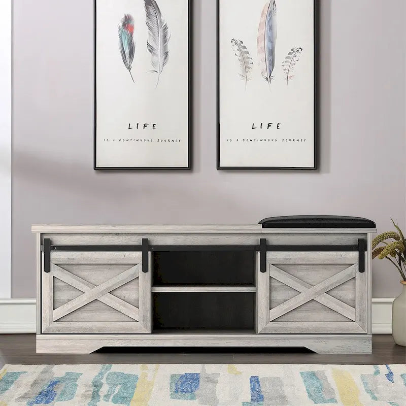 Vintage Farmhouse Style Wooden Storage Bench with Sliding Doors
