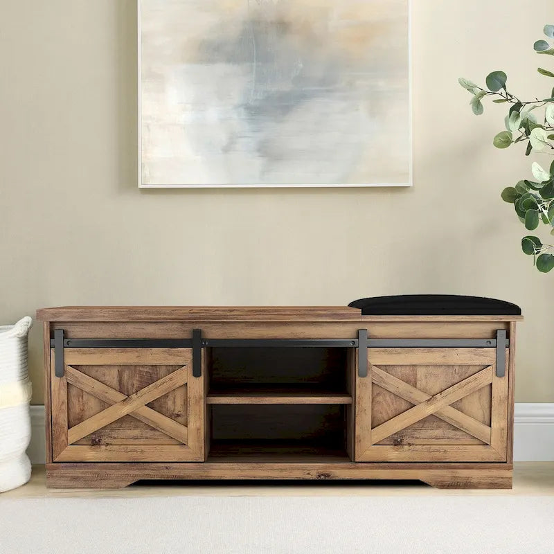 Vintage Farmhouse Style Wooden Storage Bench with Sliding Doors