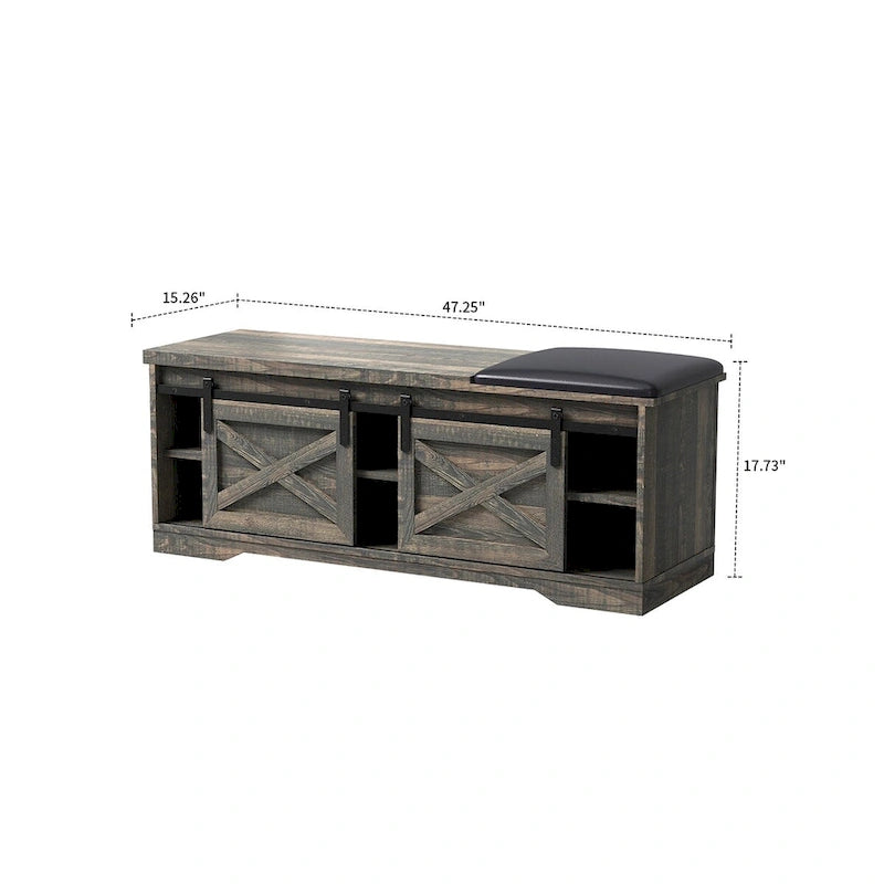 Vintage Farmhouse Style Wooden Storage Bench with Sliding Doors