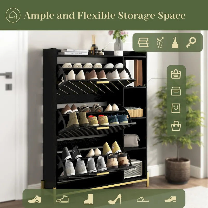 Shoe Cabinet with 3 Flip Drawers & Open Shelves, Modern Entryway Shoe Storage Cabinet Slim, Narrow Hidden Shoe Rack