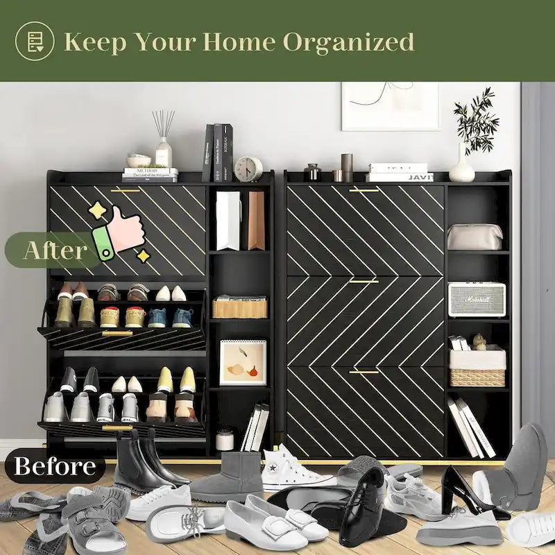 Shoe Cabinet with 3 Flip Drawers & Open Shelves, Modern Entryway Shoe Storage Cabinet Slim, Narrow Hidden Shoe Rack