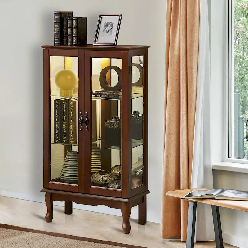 Curio Cabinet Lighted Curio Diapaly Cabinet with Adjustable Shelves and Mirrored Back Panel, Tempered Glass Doors