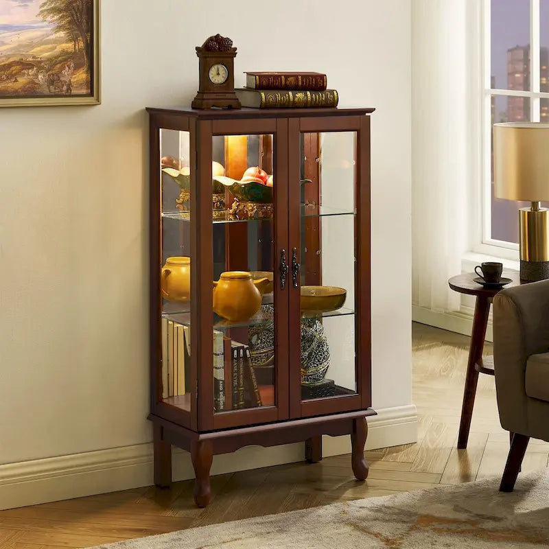 Curio Cabinet Lighted Curio Diapaly Cabinet with Adjustable Shelves and Mirrored Back Panel, Tempered Glass Doors
