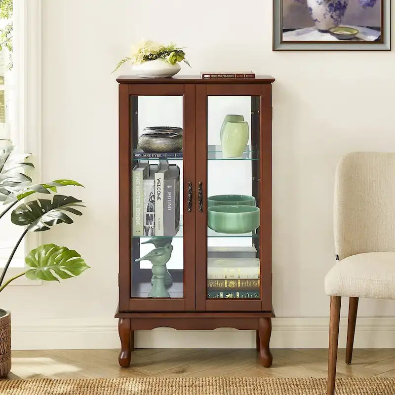 Curio Cabinet Lighted Curio Diapaly Cabinet with Adjustable Shelves and Mirrored Back Panel, Tempered Glass Doors