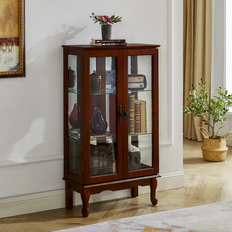 Curio Cabinet Lighted Curio Diapaly Cabinet with Adjustable Shelves and Mirrored Back Panel, Tempered Glass Doors