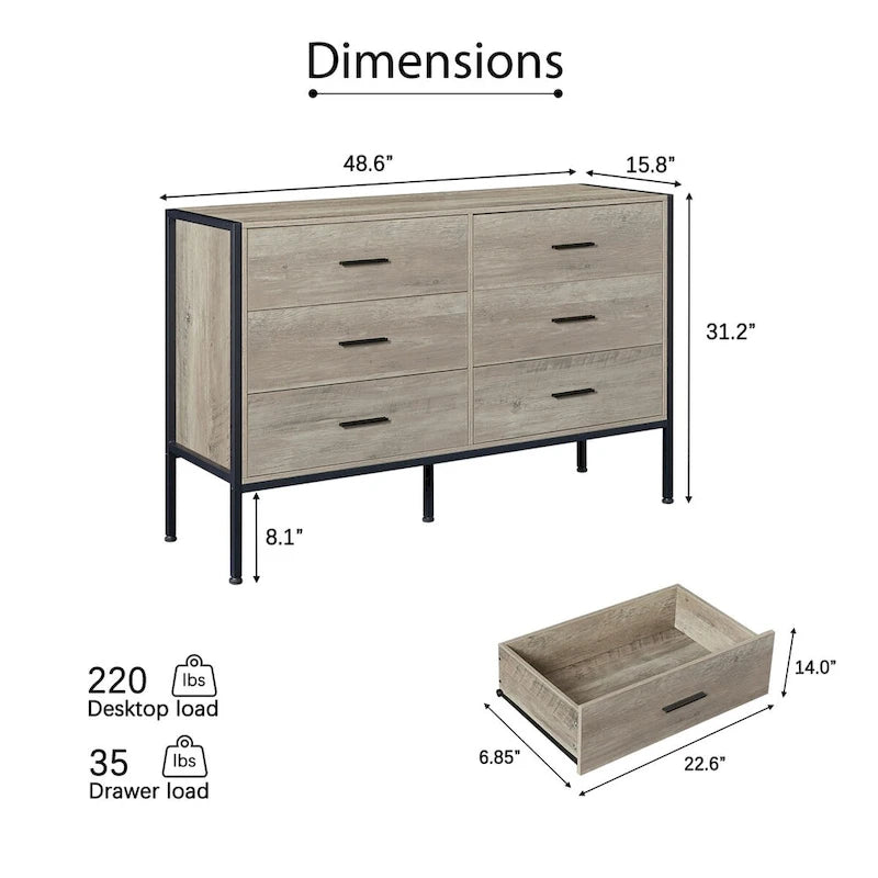 Wood Dresser with 6 Drawers, Wooden Storage Closet for Bedroom, Solid Clothes Cabinet with Sturdy Steel Frame