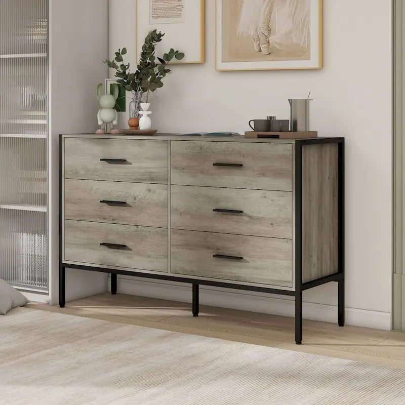 Wood Dresser with 6 Drawers, Wooden Storage Closet for Bedroom, Solid Clothes Cabinet with Sturdy Steel Frame