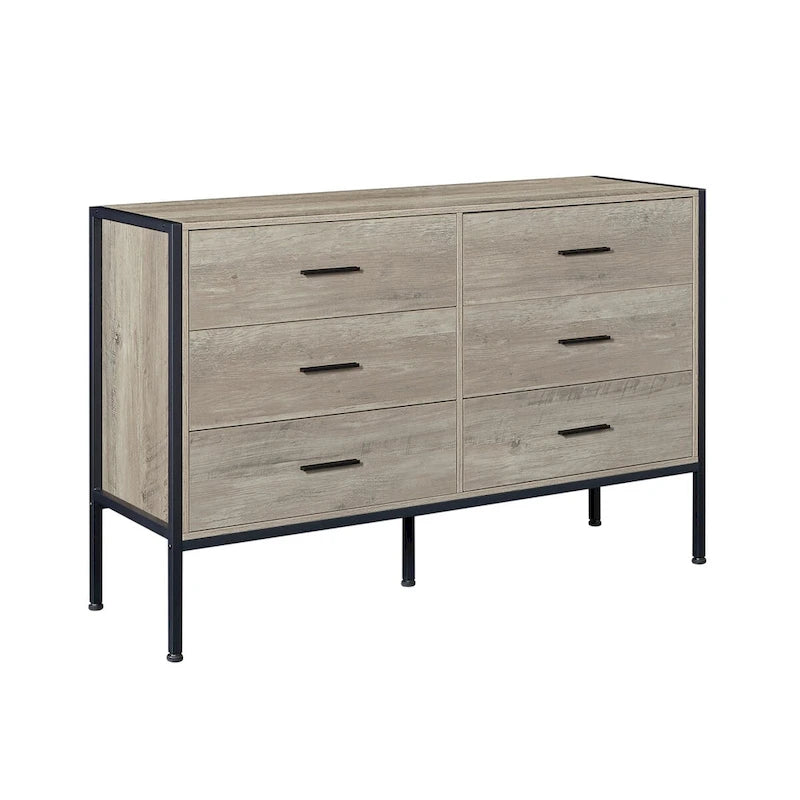 Wood Dresser with 6 Drawers, Wooden Storage Closet for Bedroom, Solid Clothes Cabinet with Sturdy Steel Frame