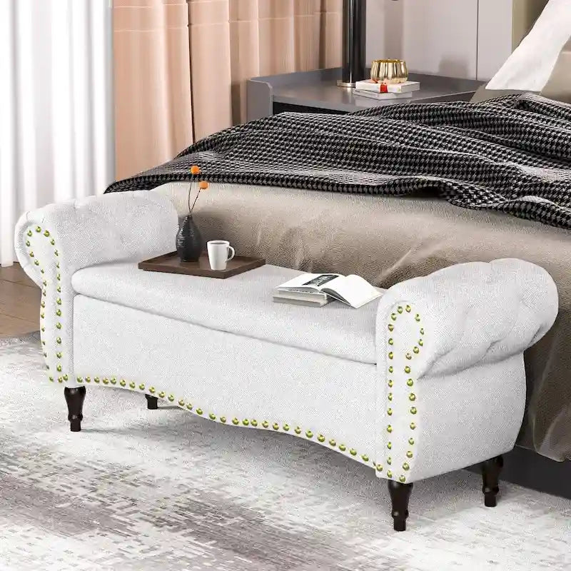 53 Tufted Storage Ottoman Bench with Rolled Arms and Nailhead Trim for Bedroom, Living Room, Entryway